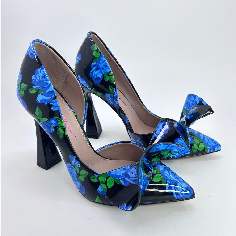 Betsey Johnson Nobble-P Pumps 7.5 Blue Black Floral Bow Pointed Toe d'Orsay NIB